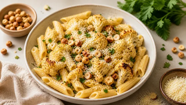 Penne s pečeným květákem a lískovými ořechy