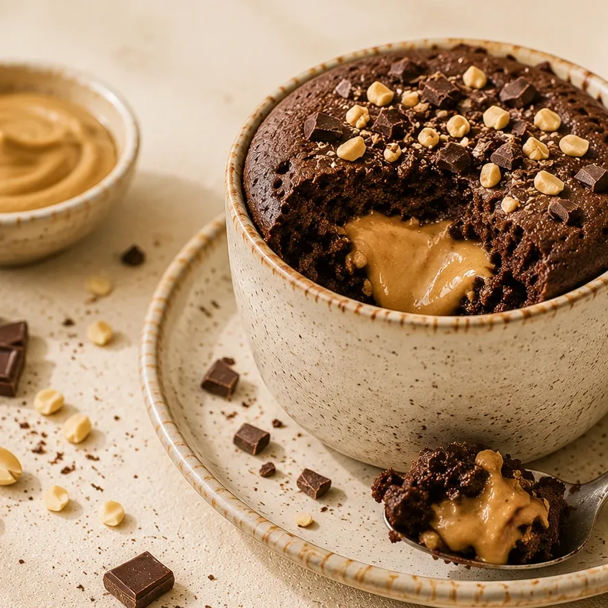 Čokoládový mug cake s arašídovým středem do 10 minut