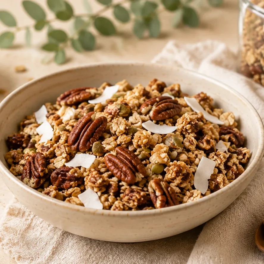 Křupavá granola bez trouby s pekany a kokosem