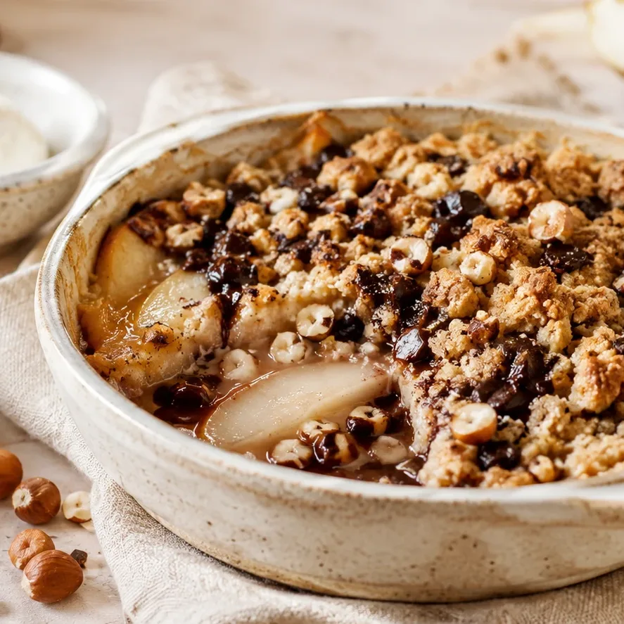 Šťavnatý hruškový crumble s čokoládou a lískovými ořechy