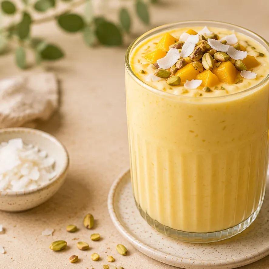 Mango lassi do 10 minut s pistáciemi a kokosem