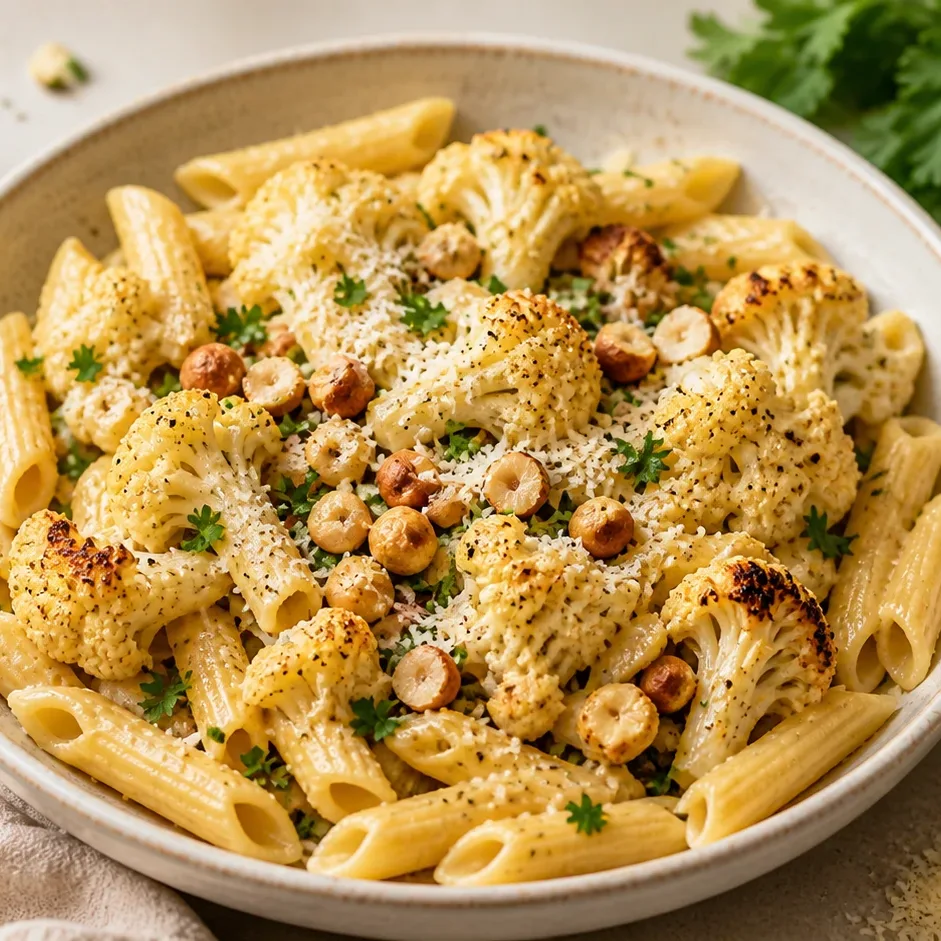 Penne s pečeným květákem a lískovými ořechy