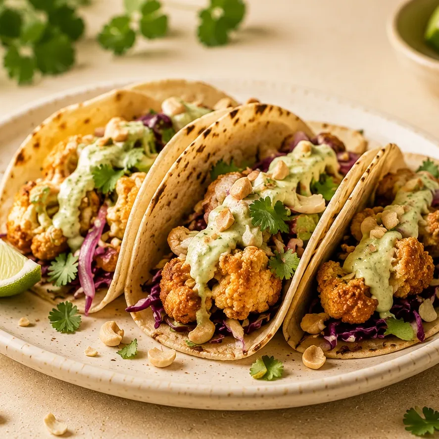 Křupavé květákové tacos s kešu-limetkovou omáčkou