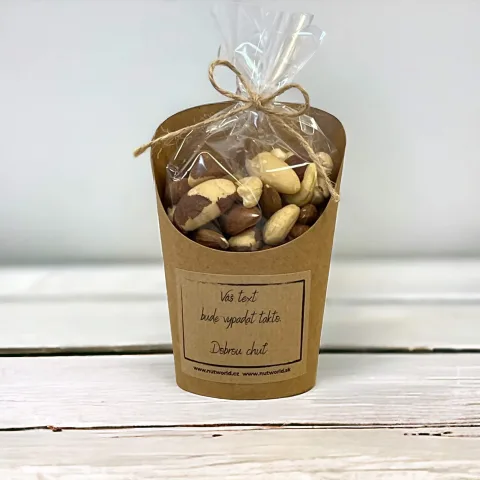 Kelímek a celofánek plný ořechů s vlastním vzkazem Jaké oříšky dáme?: Směs ořechů v medu a soli 180g, Jaký rámeček dáme?: Neutrální rámeček, Jaký typ písma?: Benedict — náhled 15