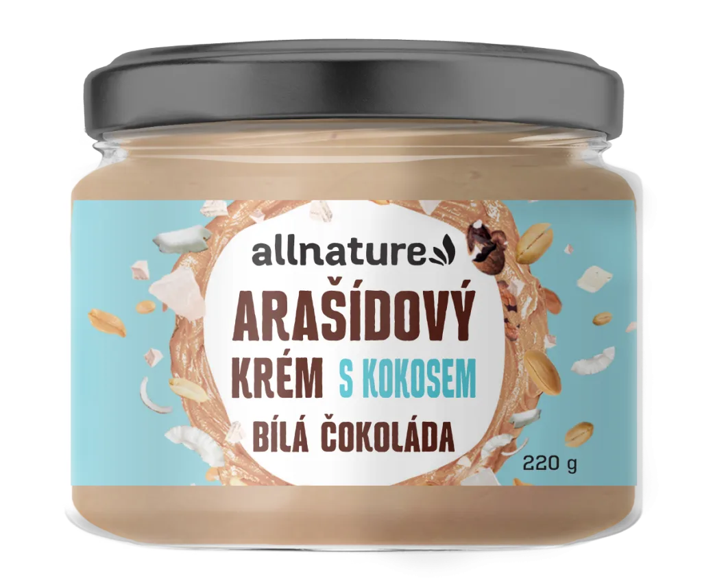Arašídový krém s bílou čokoládou a kokosem