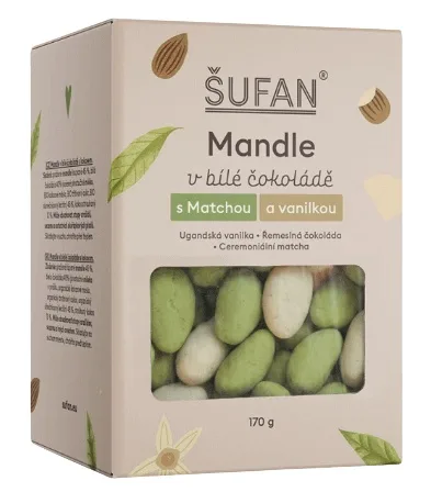Mandle v bílé čokoládě s matchou a vanilkou